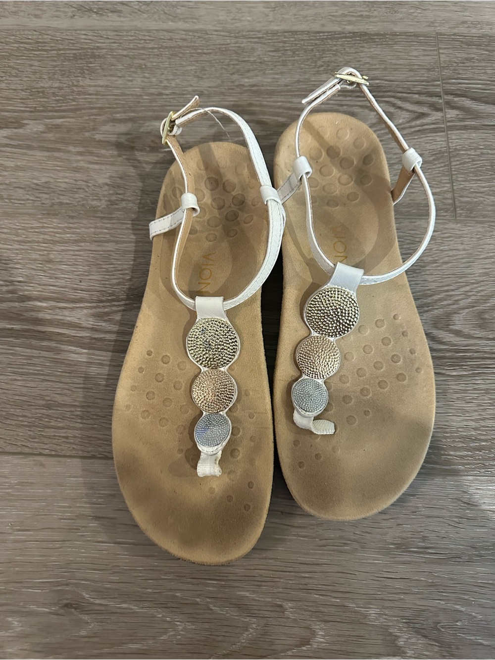 Vionic White T-Strap Sandals with Metallic Medallions